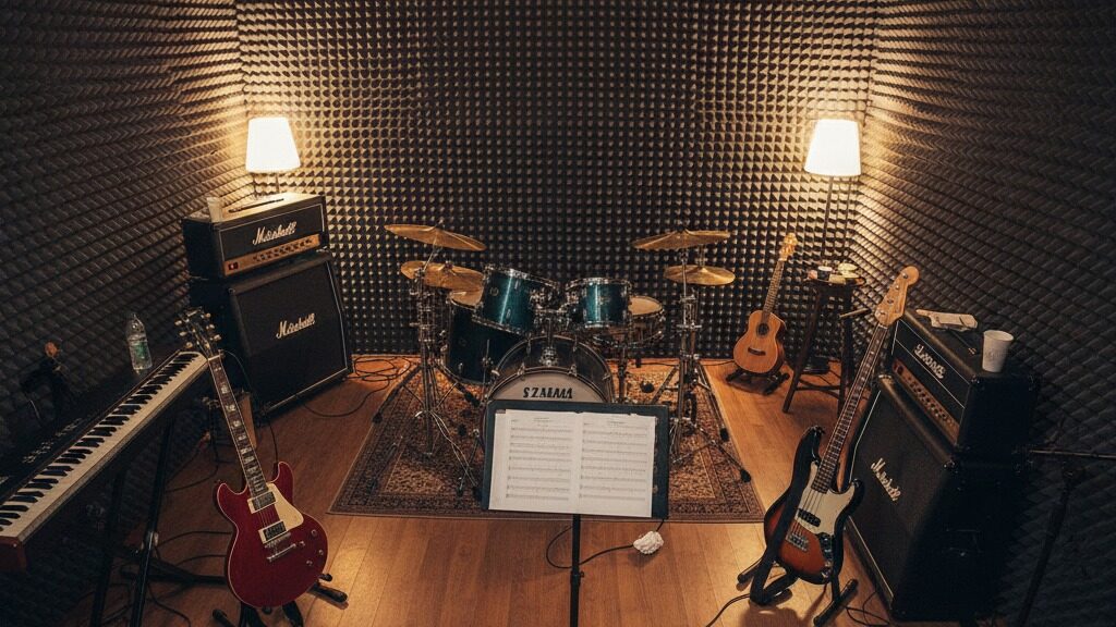 Ein professioneller Proberaum mit schalldichten Noppenschaumstoff-Wänden, einem Drumset in der Mitte, Verstärkern und verschiedenen Musikinstrumenten.